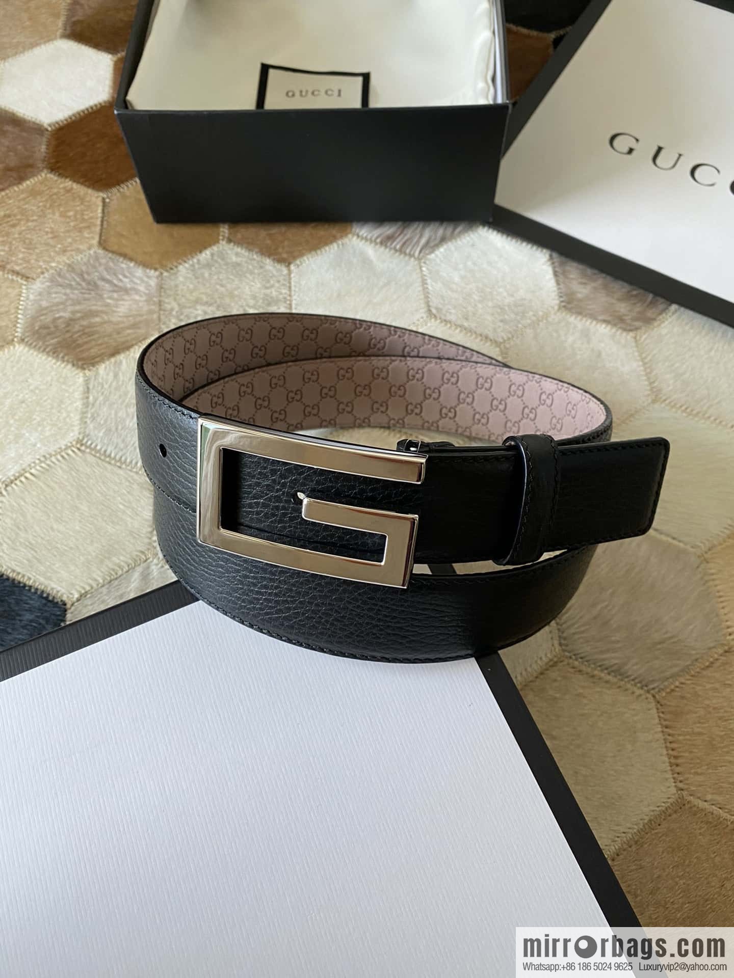 Gucci Gucci new 3.5cm men's and women's same full leather black gold/silver buckle GG belt