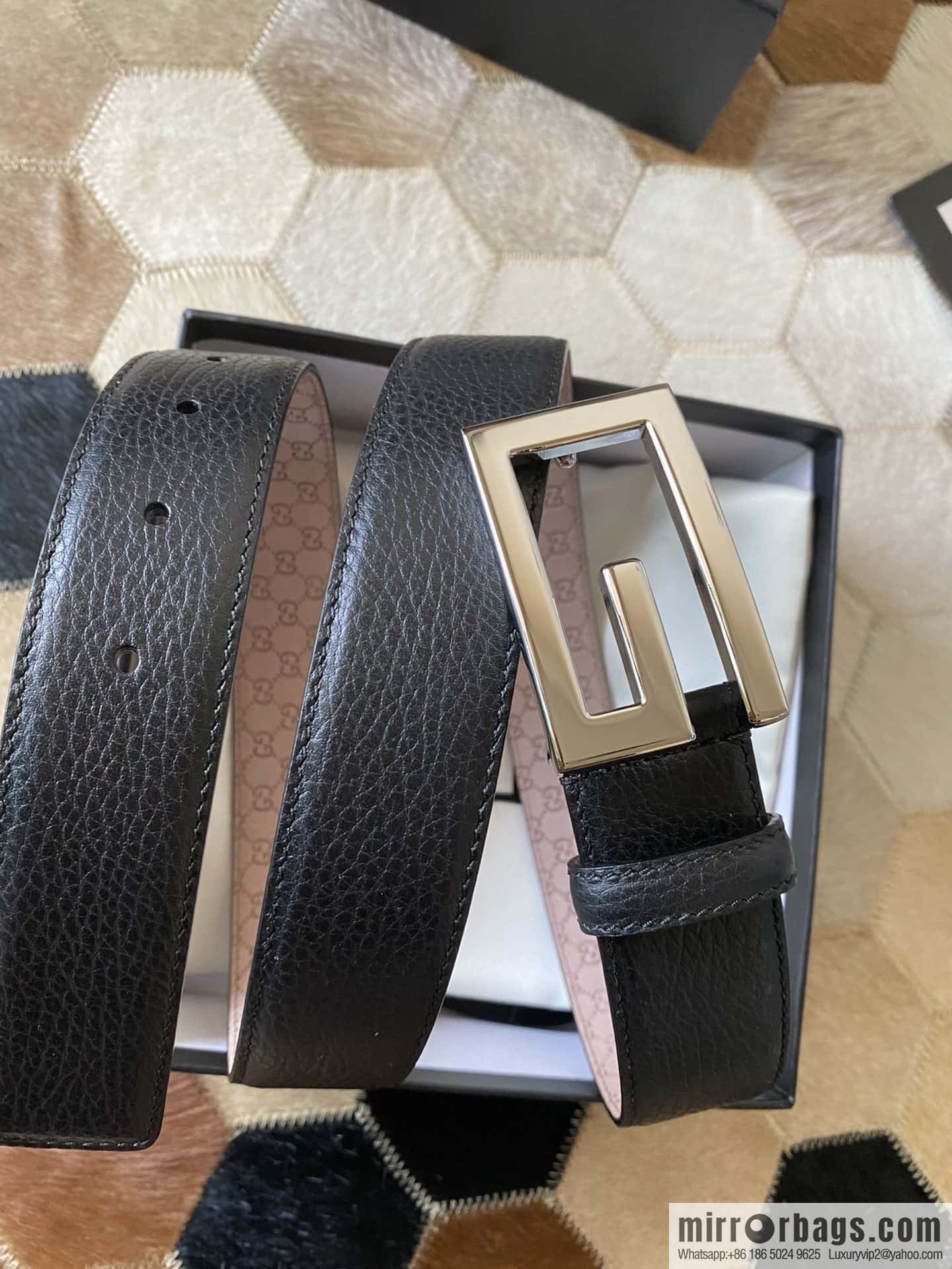 Gucci Gucci new 3.5cm men's and women's same full leather black gold/silver buckle GG belt