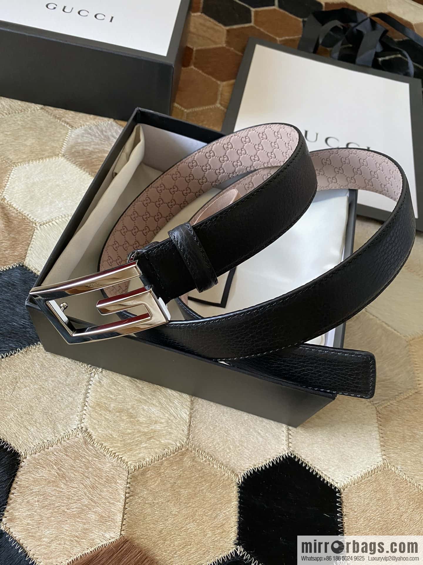 Gucci Gucci new 3.5cm men's and women's same full leather black gold/silver buckle GG belt