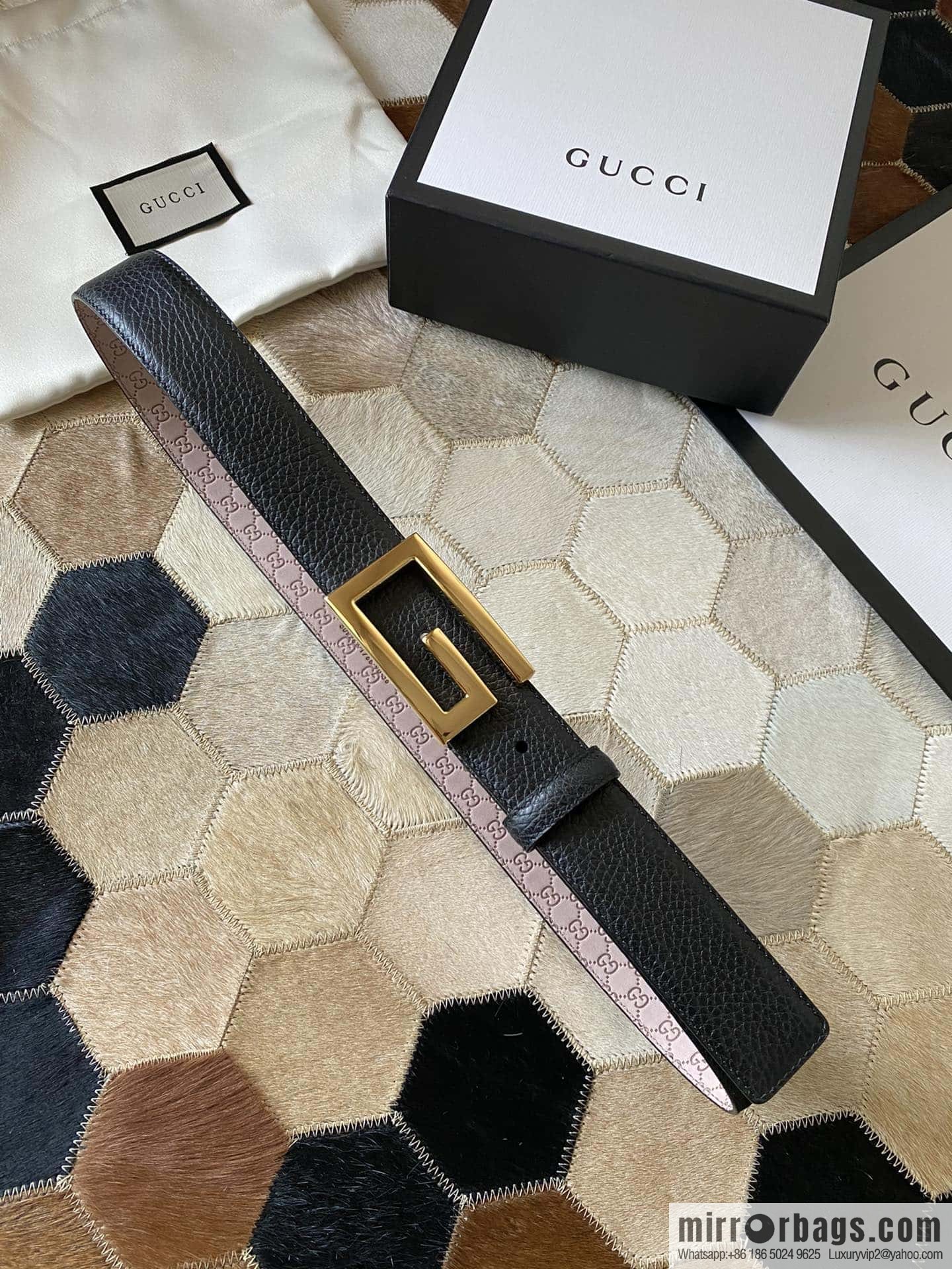 Gucci Gucci new 3.5cm men's and women's same full leather black gold/silver buckle GG belt