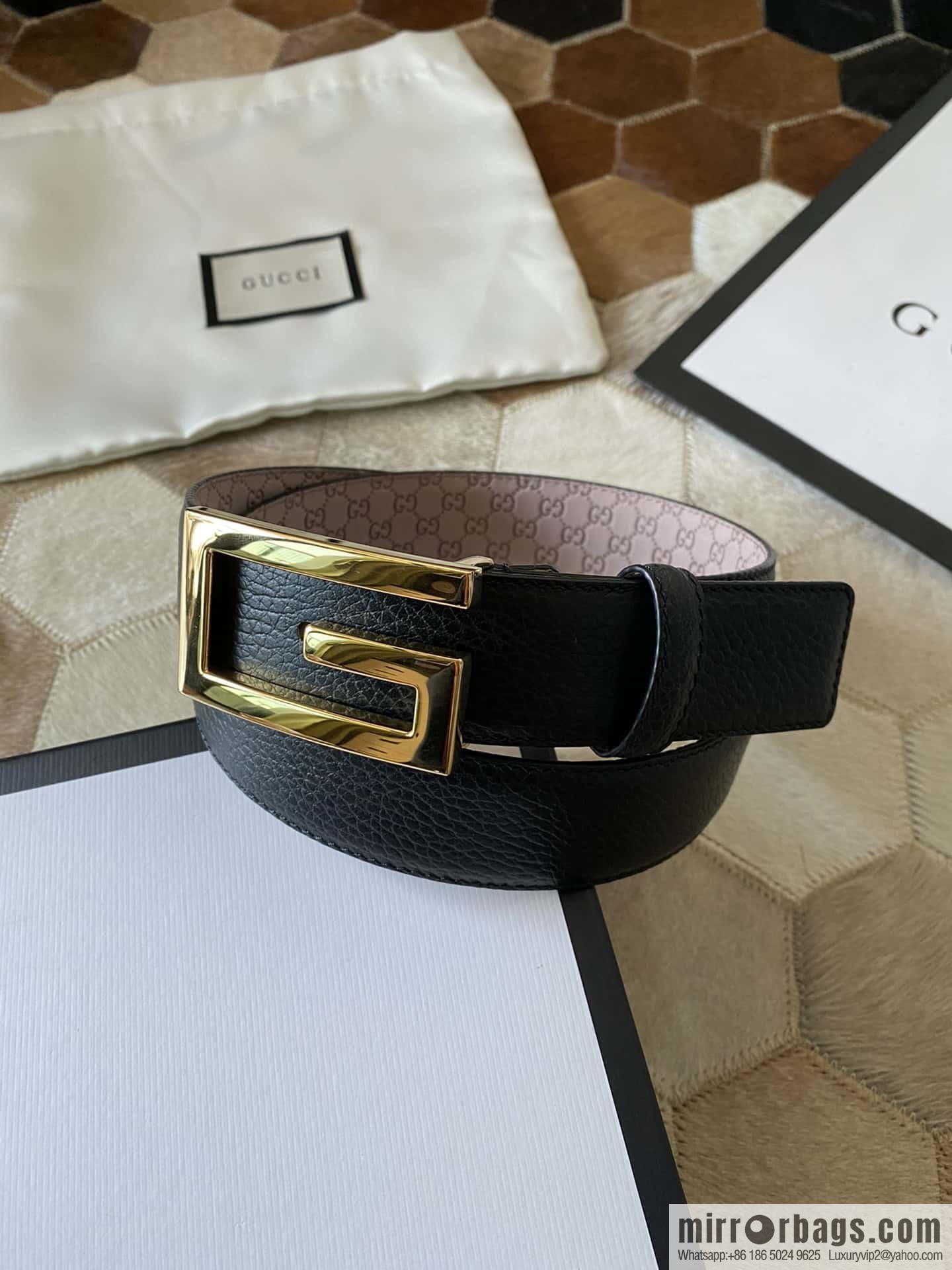 Gucci Gucci new 3.5cm men's and women's same full leather black gold/silver buckle GG belt