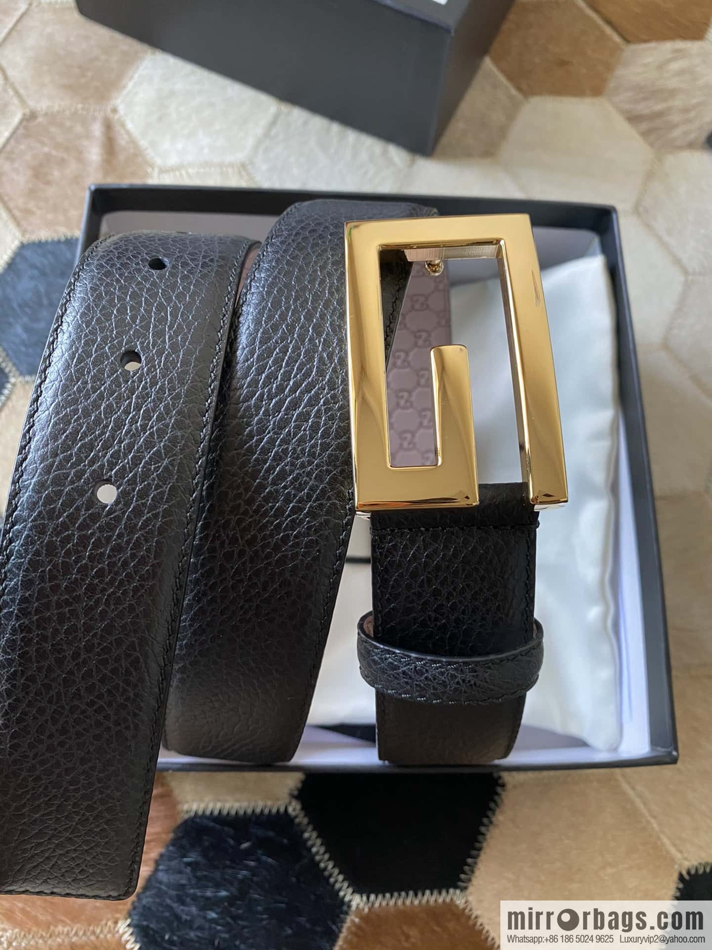 Gucci Gucci new 3.5cm men's and women's same full leather black gold/silver buckle GG belt