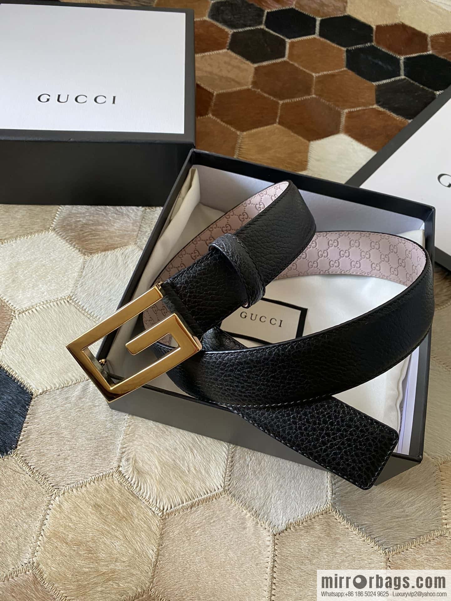 Gucci Gucci new 3.5cm men's and women's same full leather black gold/silver buckle GG belt