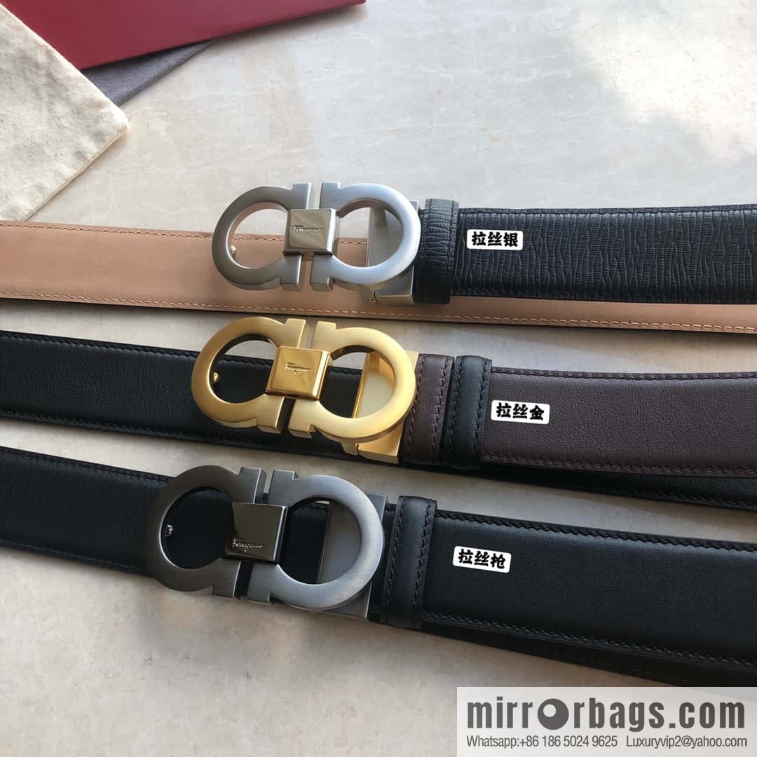 Ferragamo Ferragamo Men's Cowhide Black Double Sided Available Counter Version Board Buckle Belt 3.5cm