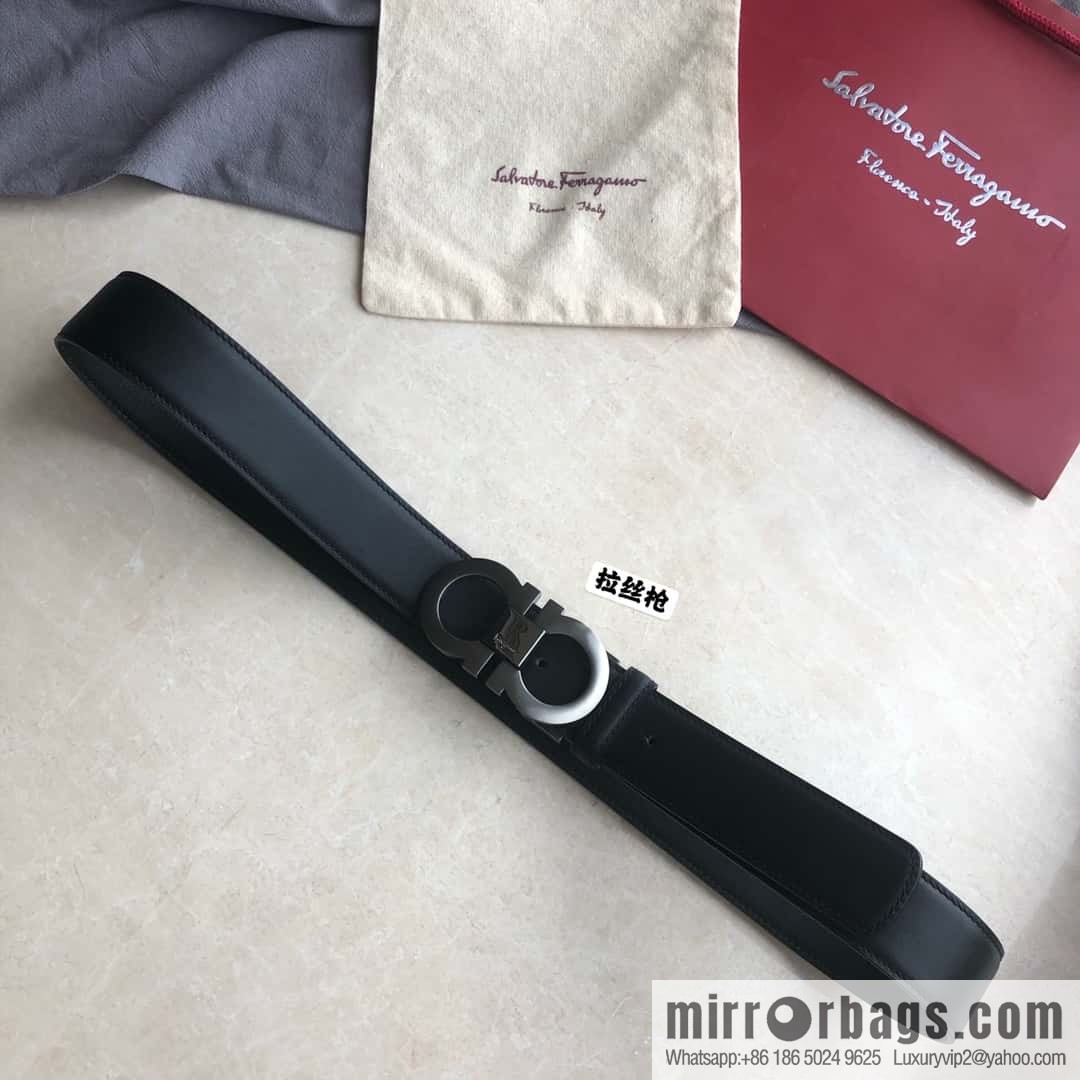 Ferragamo Ferragamo Men's Cowhide Black Double Sided Available Counter Version Board Buckle Belt 3.5cm