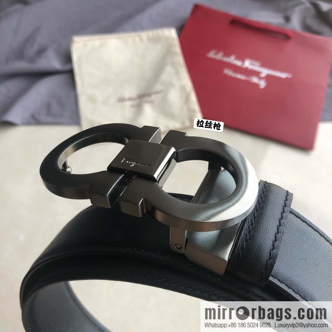 Ferragamo Ferragamo Men's Cowhide Black Double Sided Available Counter Version Board Buckle Belt 3.5cm