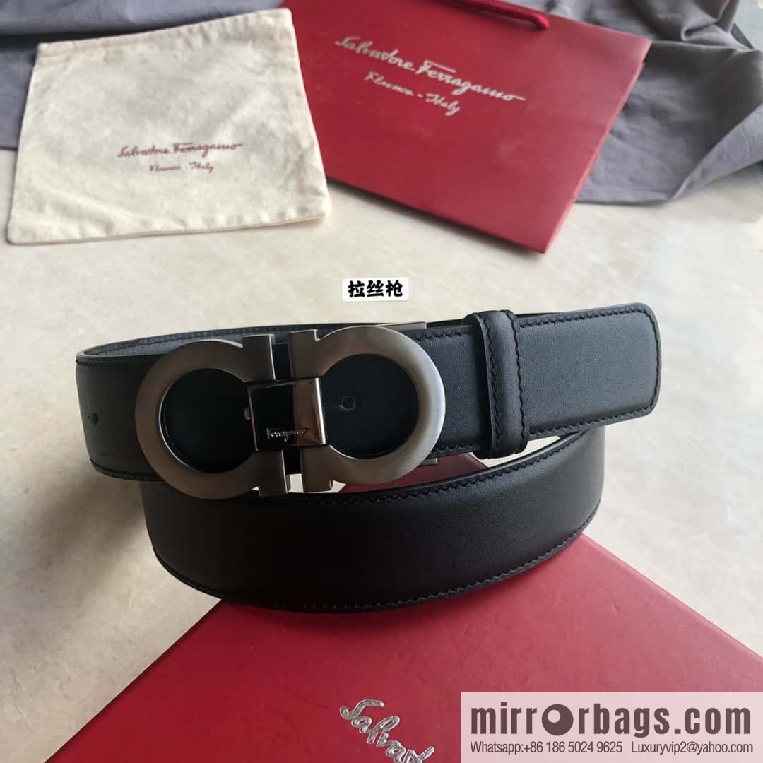 Ferragamo Ferragamo Men's Cowhide Black Double Sided Available Counter Version Board Buckle Belt 3.5cm