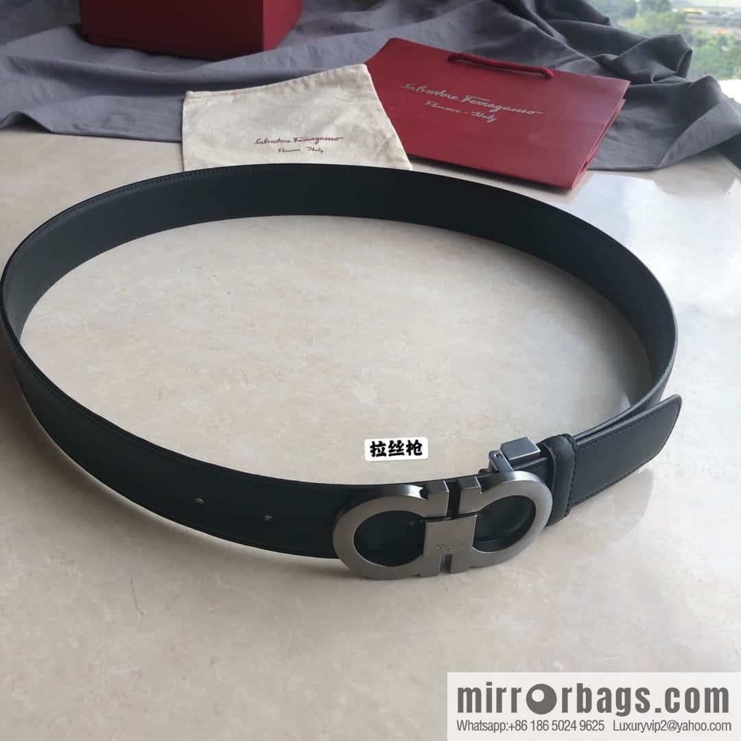 Ferragamo Ferragamo Men's Cowhide Black Double Sided Available Counter Version Board Buckle Belt 3.5cm
