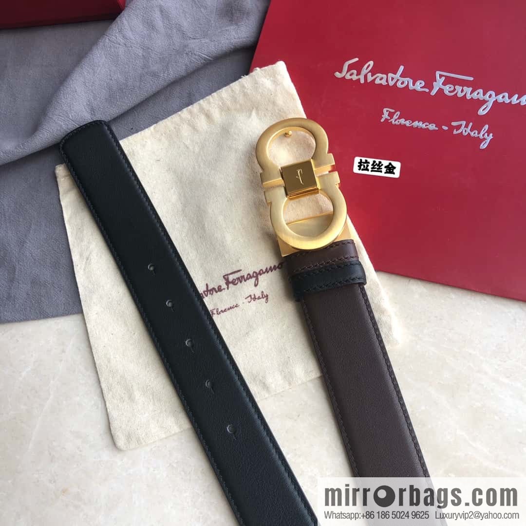 Ferragamo Ferragamo Men's Cowhide Black Double Sided Available Counter Version Board Buckle Belt 3.5cm