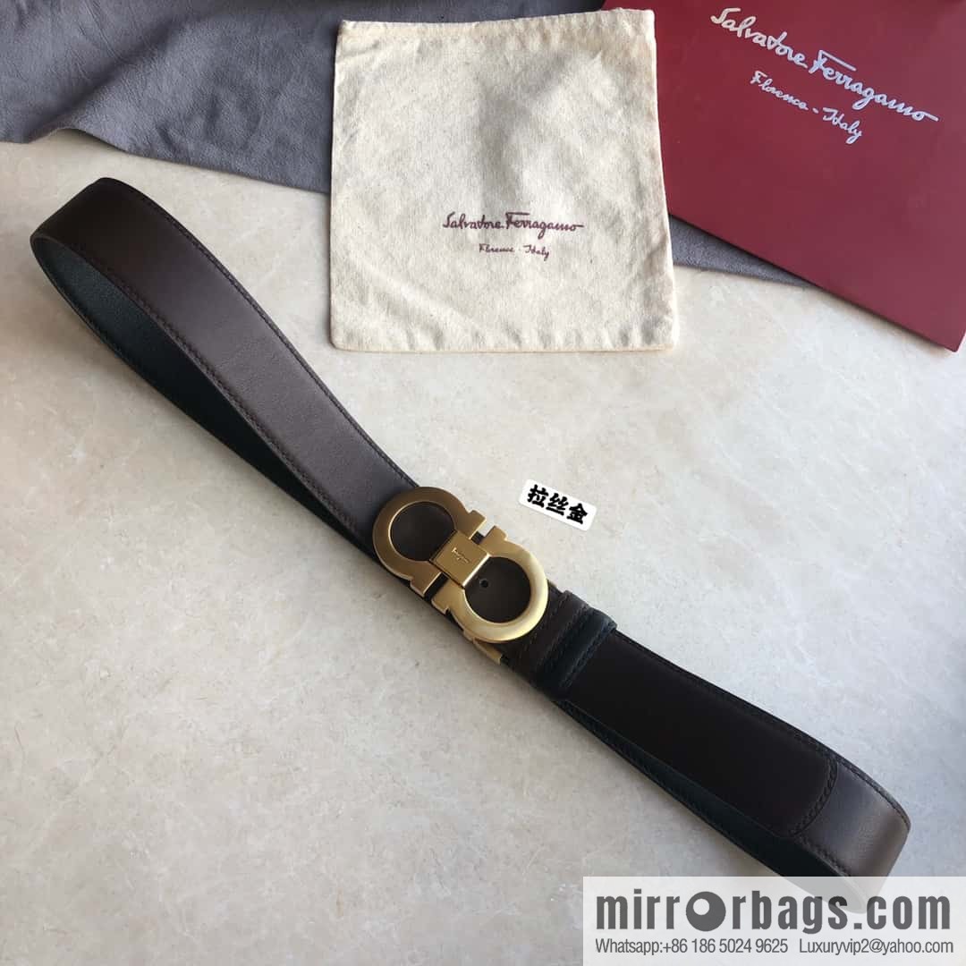 Ferragamo Ferragamo Men's Cowhide Black Double Sided Available Counter Version Board Buckle Belt 3.5cm