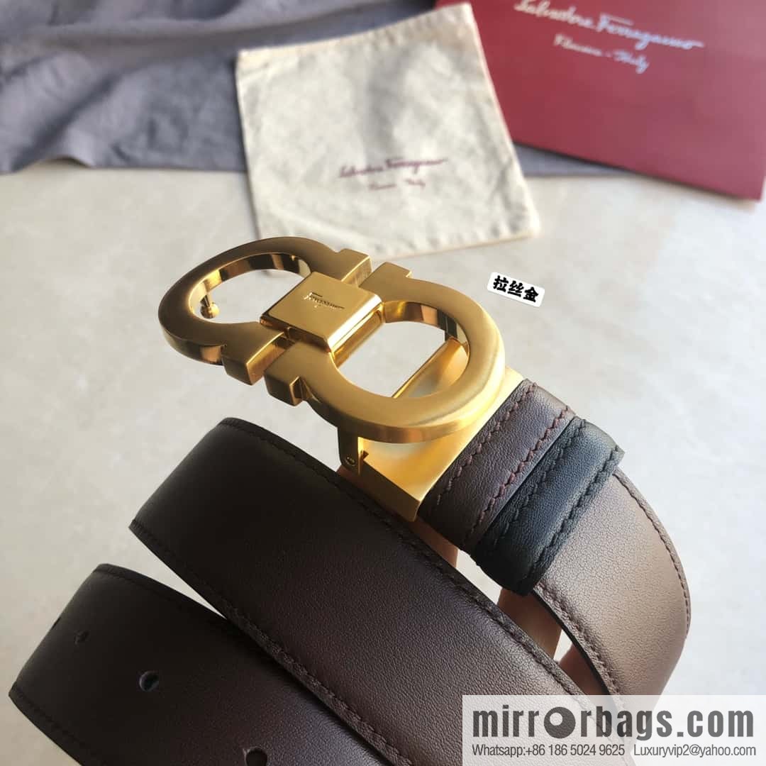 Ferragamo Ferragamo Men's Cowhide Black Double Sided Available Counter Version Board Buckle Belt 3.5cm