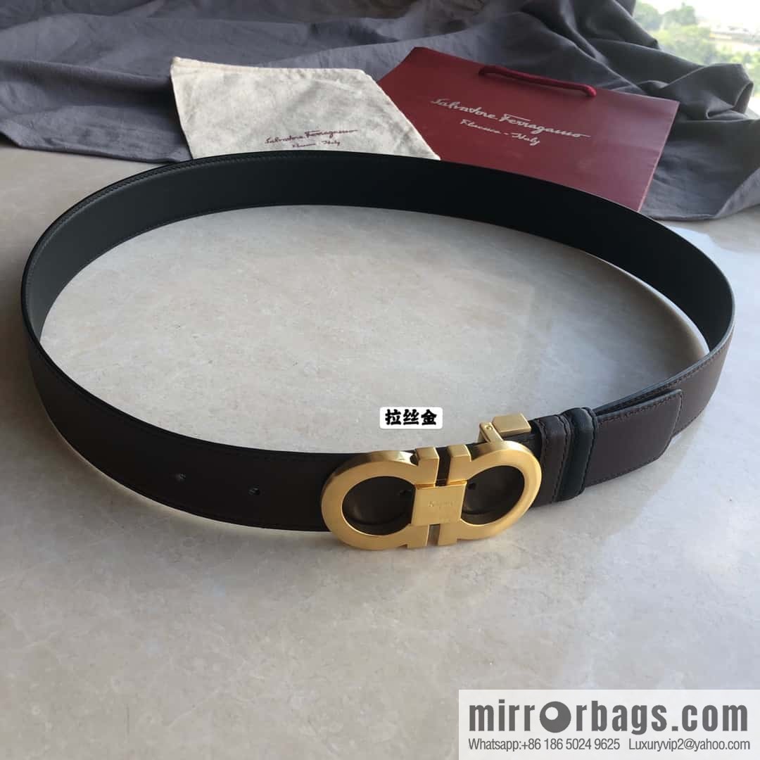 Ferragamo Ferragamo Men's Cowhide Black Double Sided Available Counter Version Board Buckle Belt 3.5cm