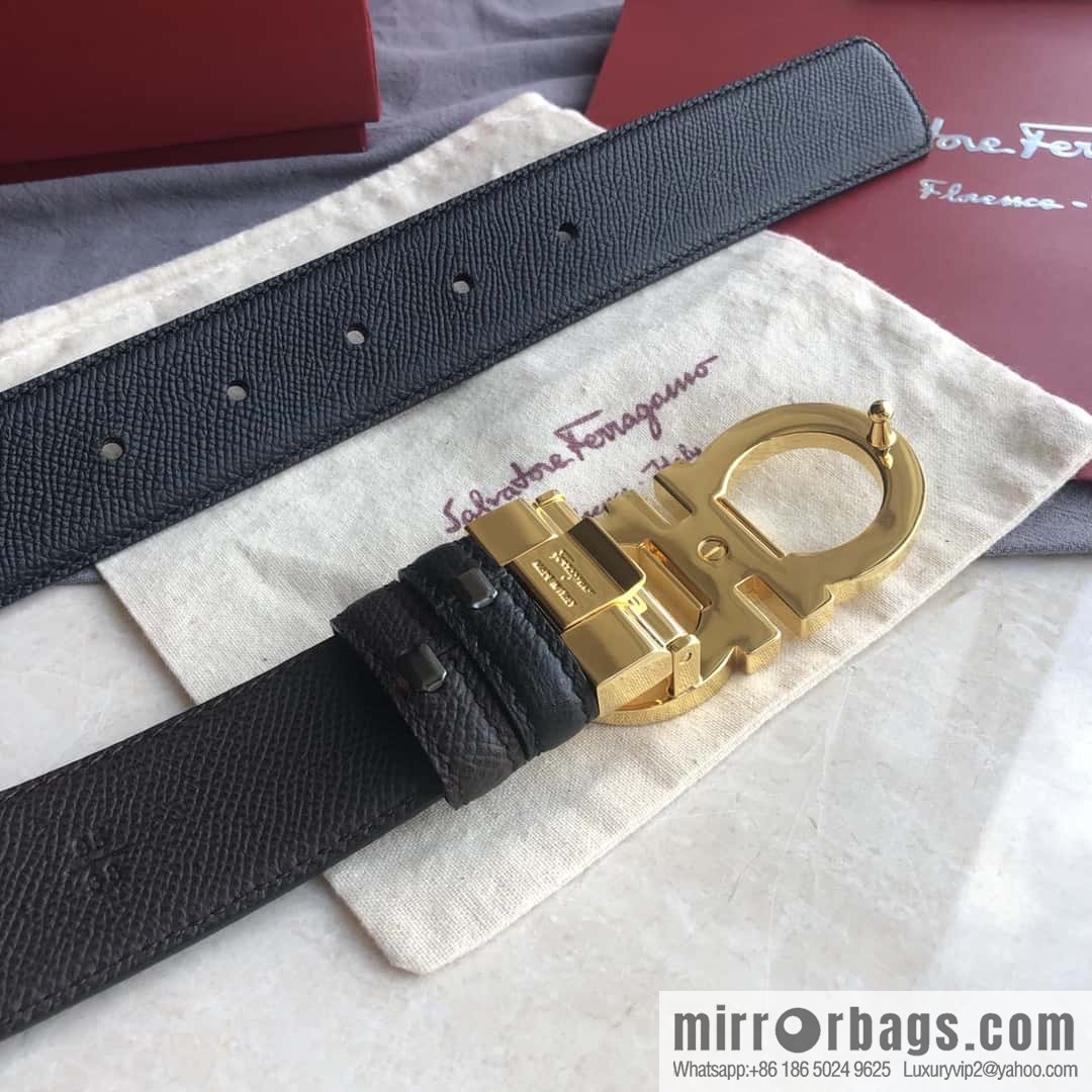 Ferragamo Ferragamo Men's Cowhide Black Double Sided Available Counter Version Board Buckle Belt 3.5cm