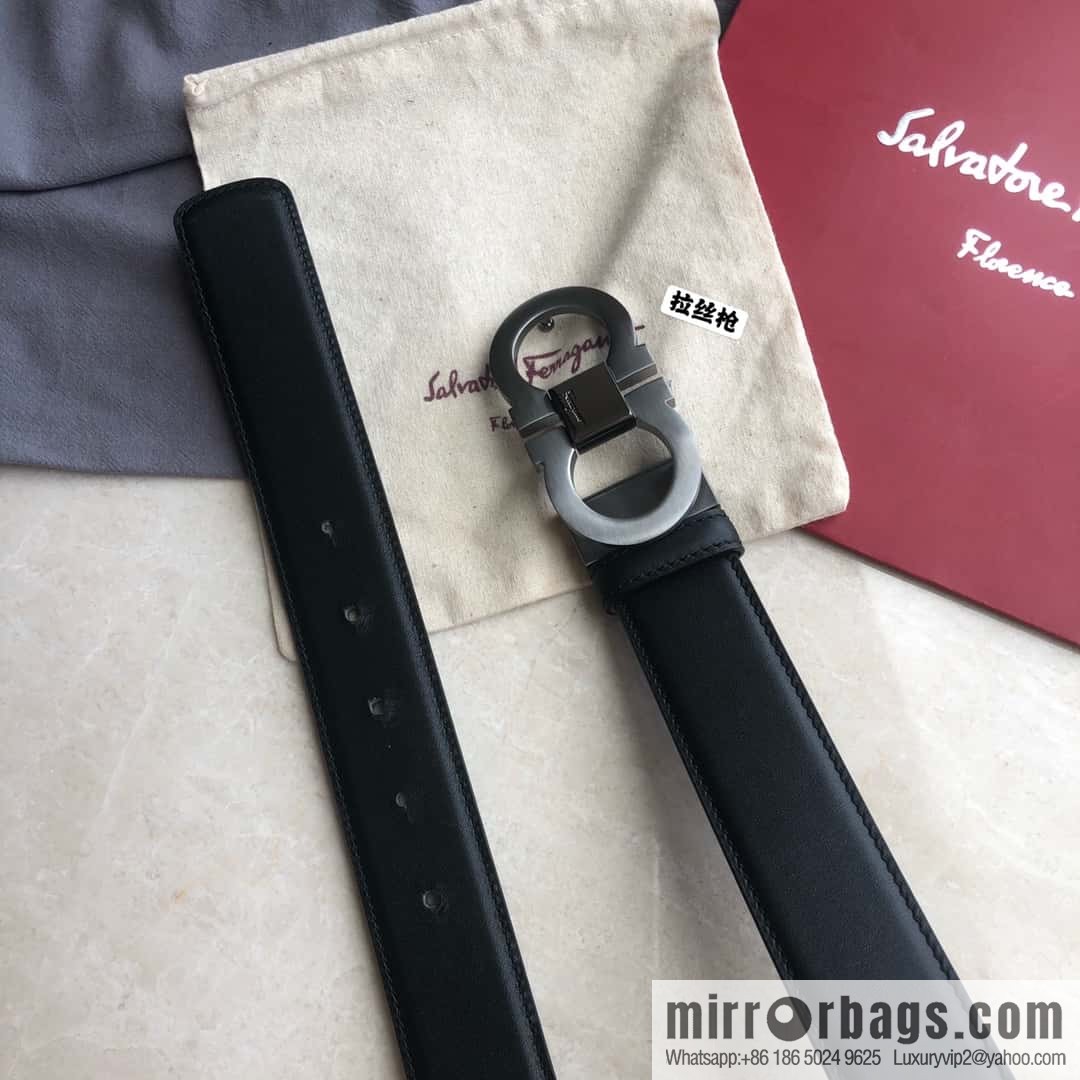 Ferragamo Ferragamo Men's Cowhide Black Double Sided Available Counter Version Board Buckle Belt 3.5cm