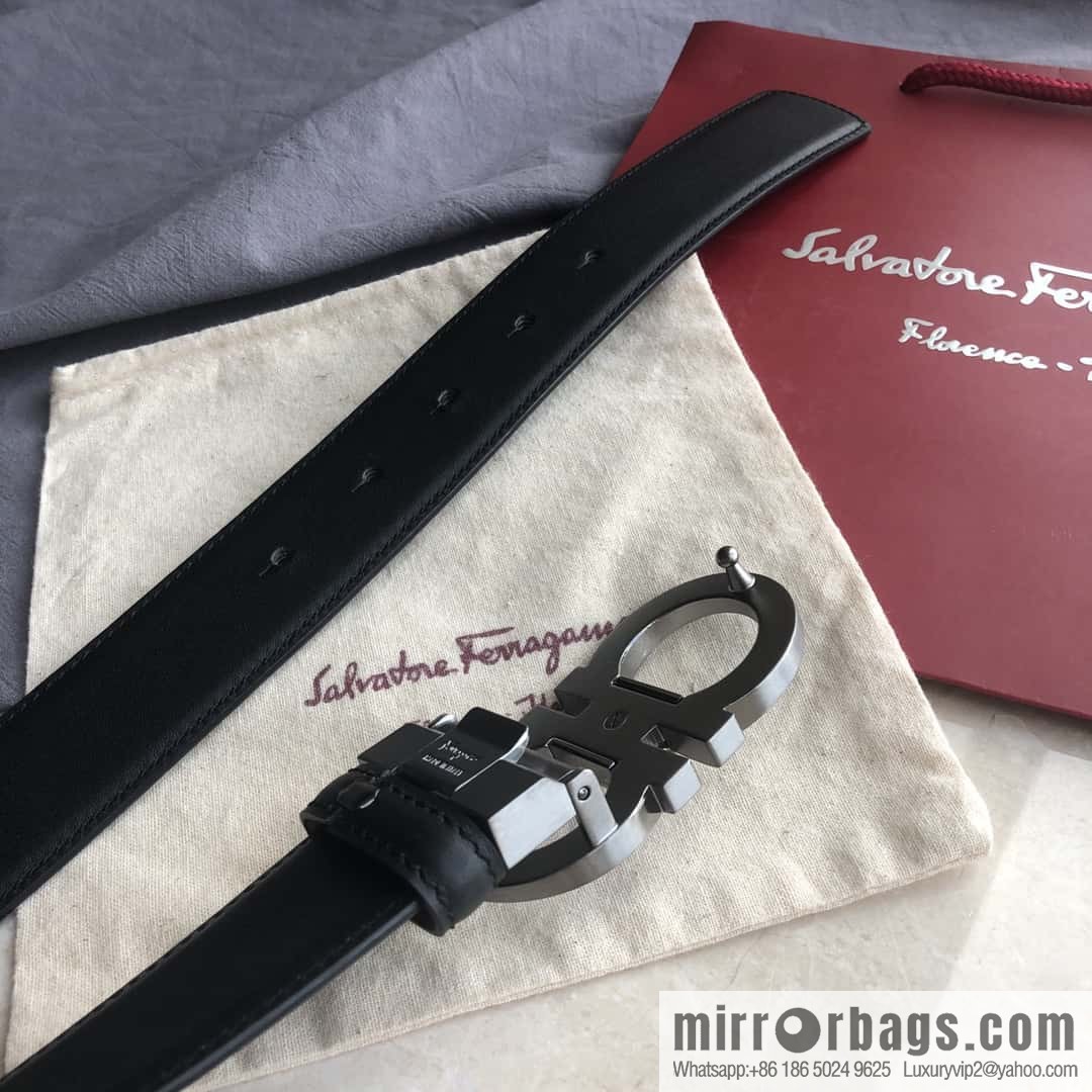 Ferragamo Ferragamo Men's Cowhide Black Double Sided Available Counter Version Board Buckle Belt 3.5cm