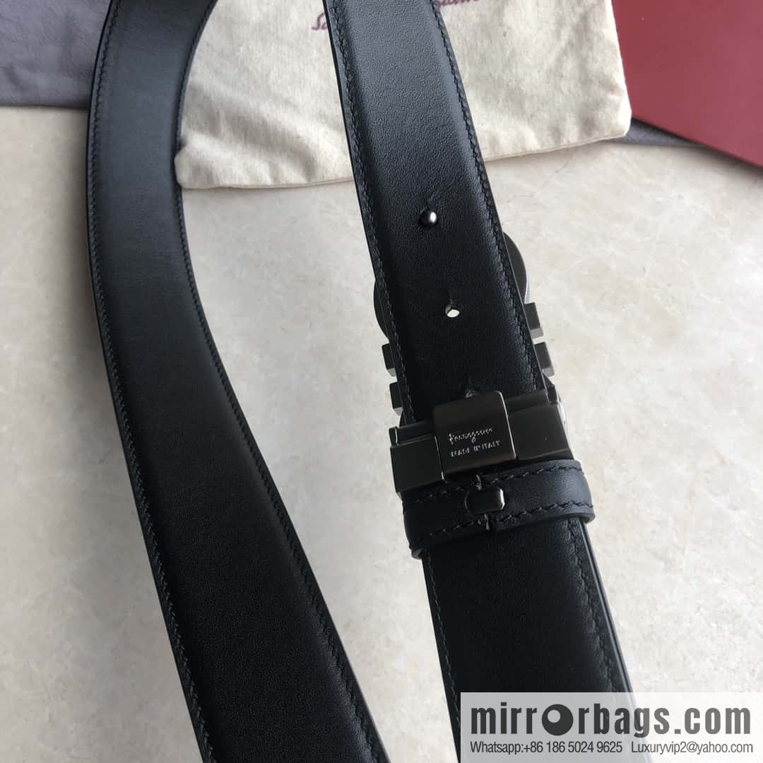 Ferragamo Ferragamo Men's Cowhide Black Double Sided Available Counter Version Board Buckle Belt 3.5cm