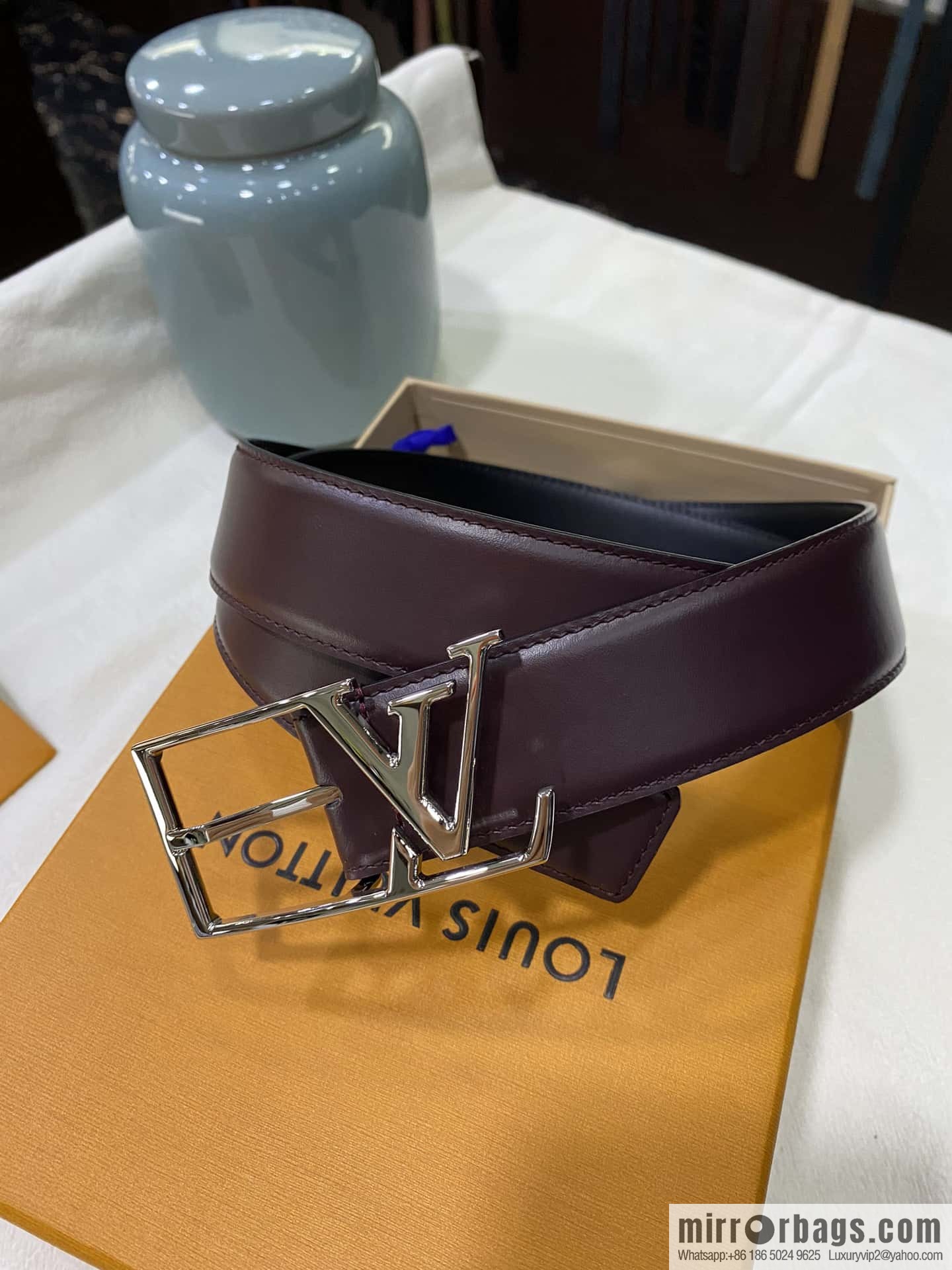 LV calfskin shiny retouching metal LV pin buckle letter logo belt 3.5cm