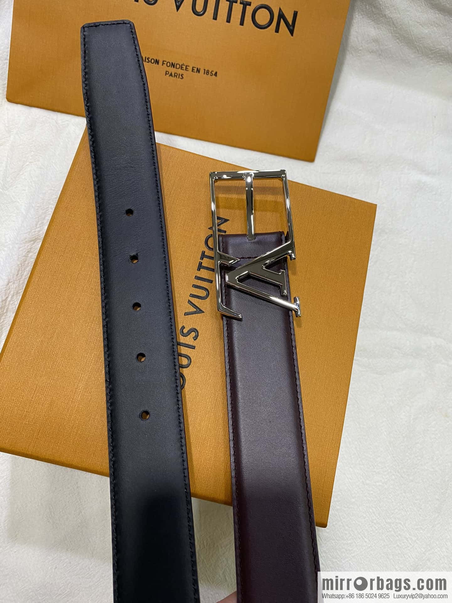 LV calfskin shiny retouching metal LV pin buckle letter logo belt 3.5cm