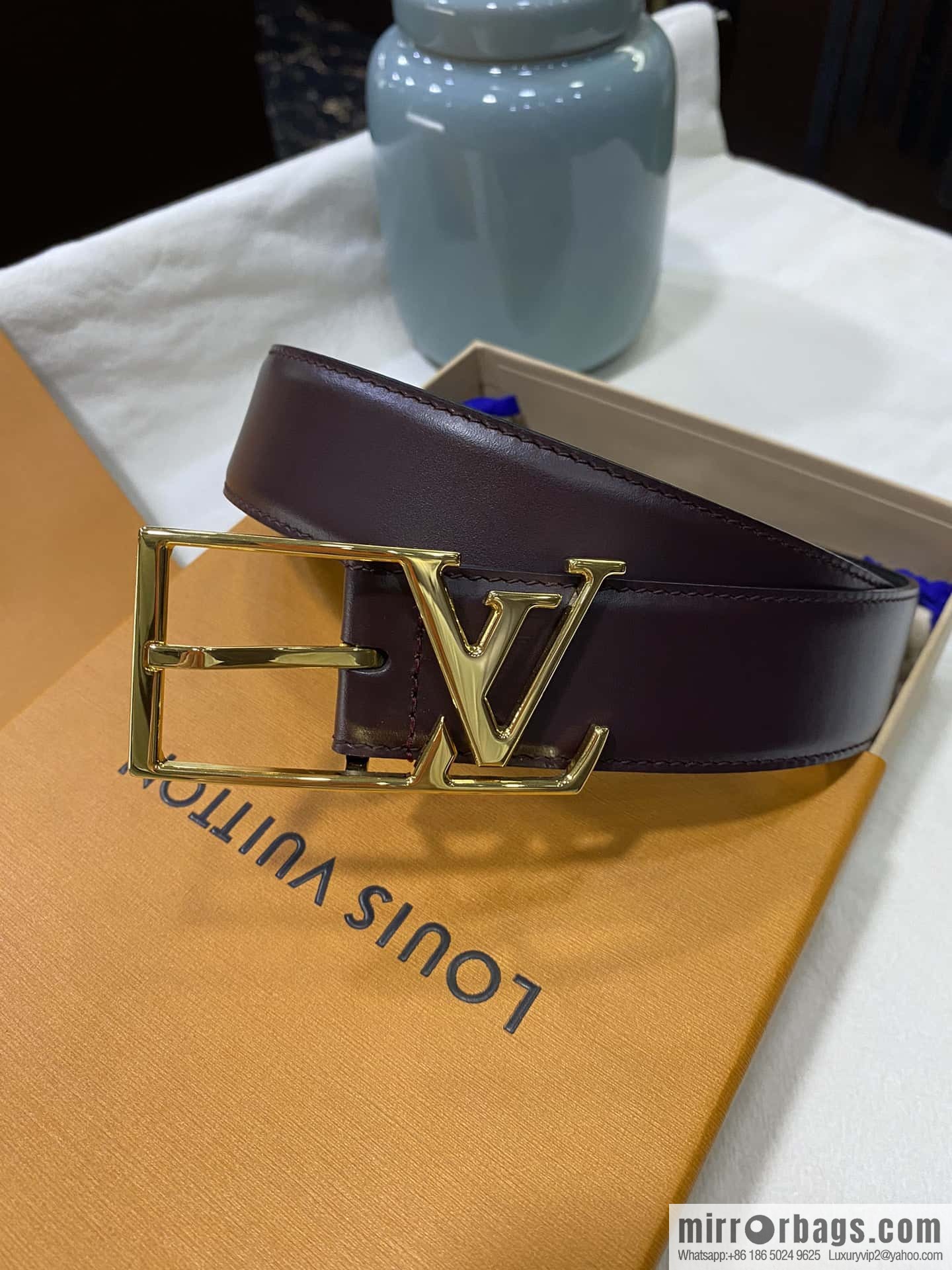 LV calfskin shiny retouching metal LV pin buckle letter logo belt 3.5cm