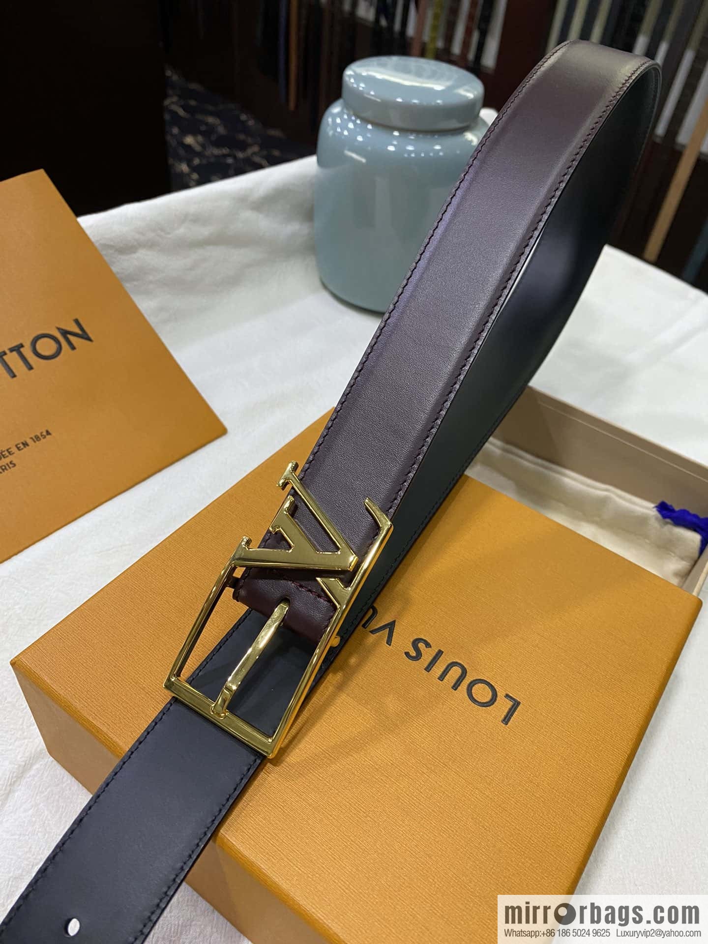 LV calfskin shiny retouching metal LV pin buckle letter logo belt 3.5cm