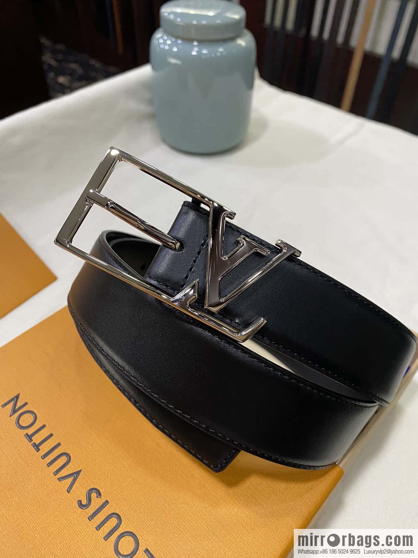 LV calfskin shiny retouching metal LV pin buckle letter logo belt 3.5cm