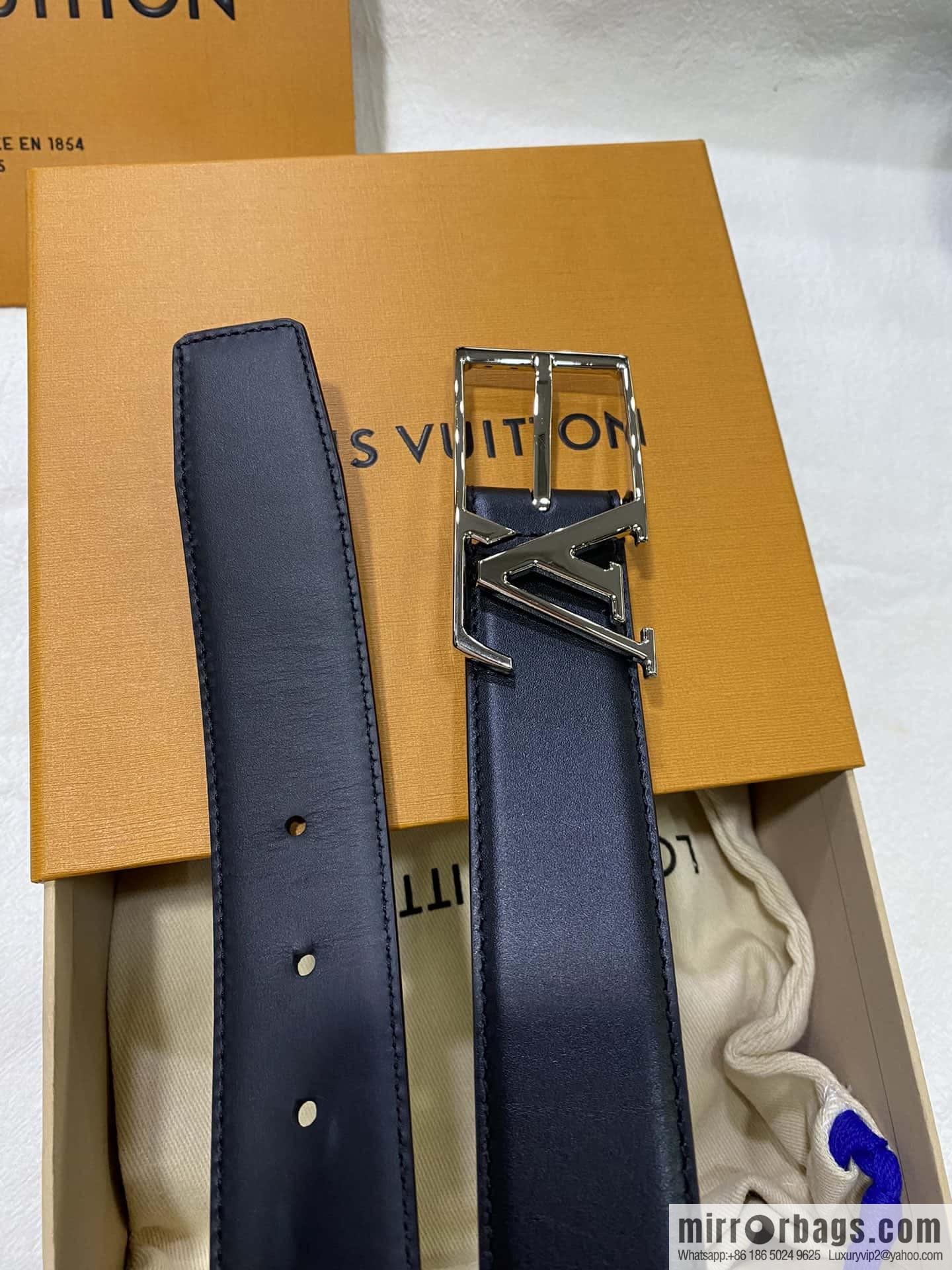 LV calfskin shiny retouching metal LV pin buckle letter logo belt 3.5cm