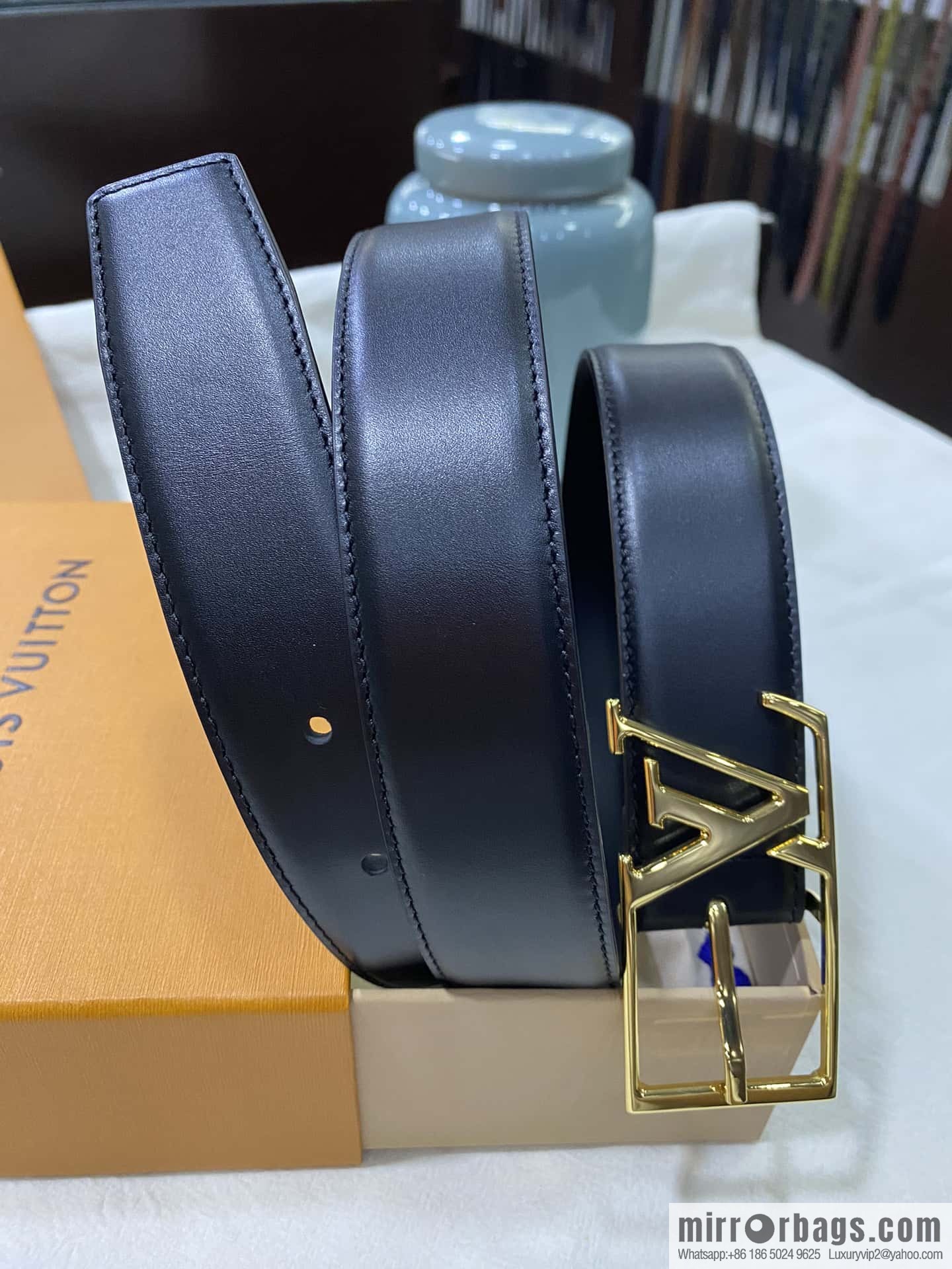 LV calfskin shiny retouching metal LV pin buckle letter logo belt 3.5cm