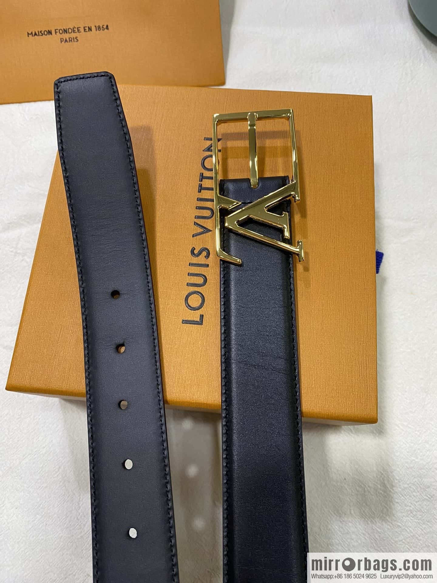 LV calfskin shiny retouching metal LV pin buckle letter logo belt 3.5cm