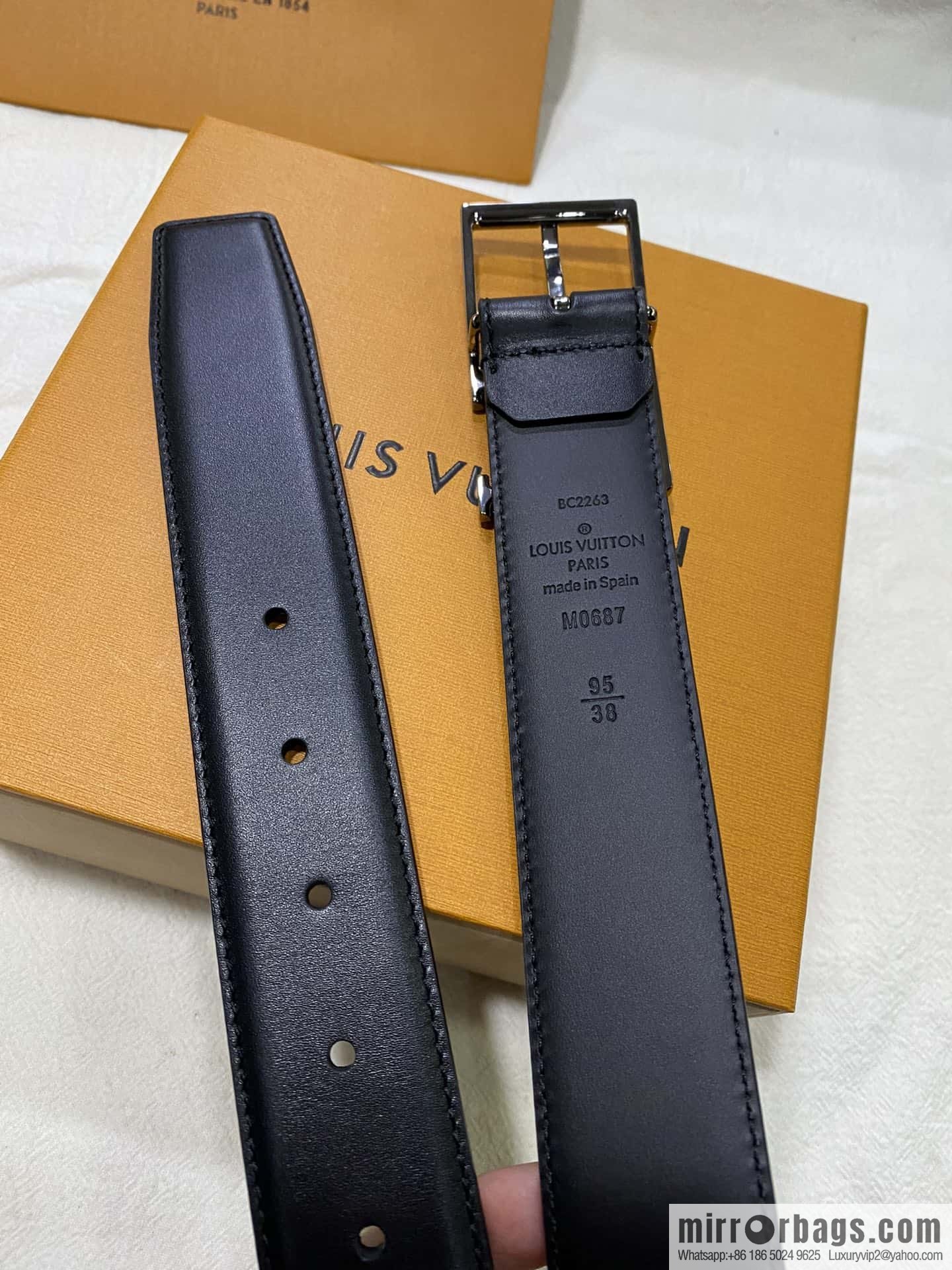LV calfskin shiny retouching metal LV pin buckle letter logo belt 3.5cm