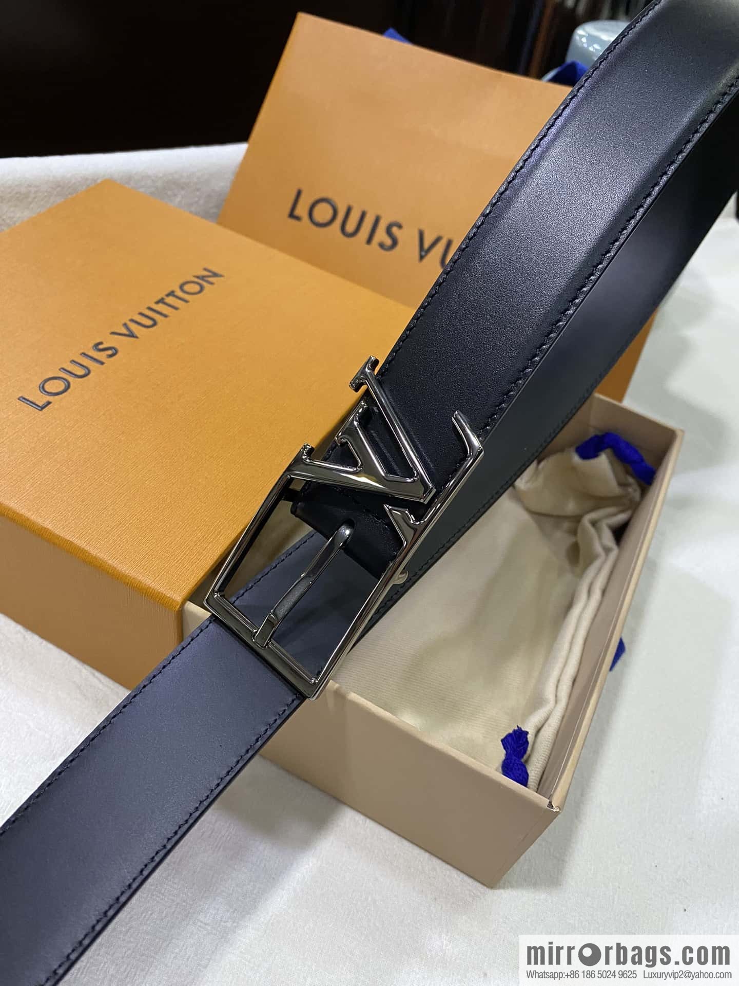LV calfskin shiny retouching metal LV pin buckle letter logo belt 3.5cm