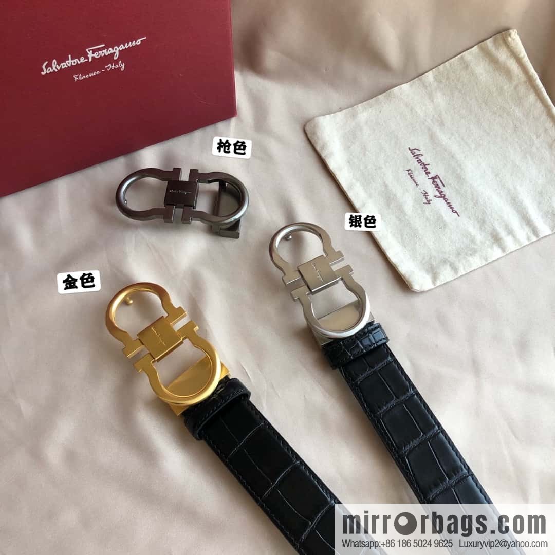 Ferragamo Ferragamo, Double Circle Metal Clip Crocodile Textured Belt