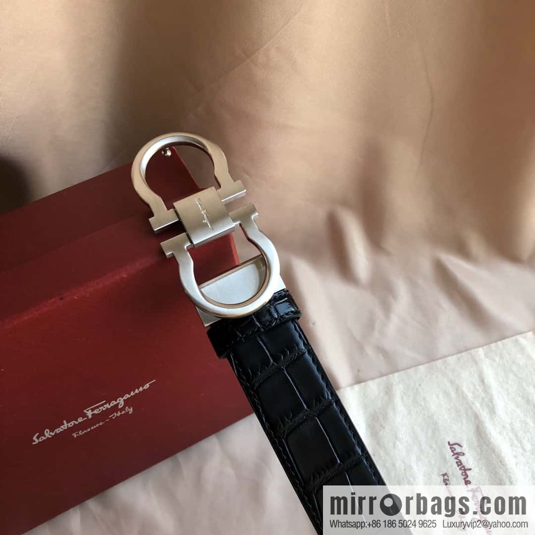 Ferragamo Ferragamo, Double Circle Metal Clip Crocodile Textured Belt