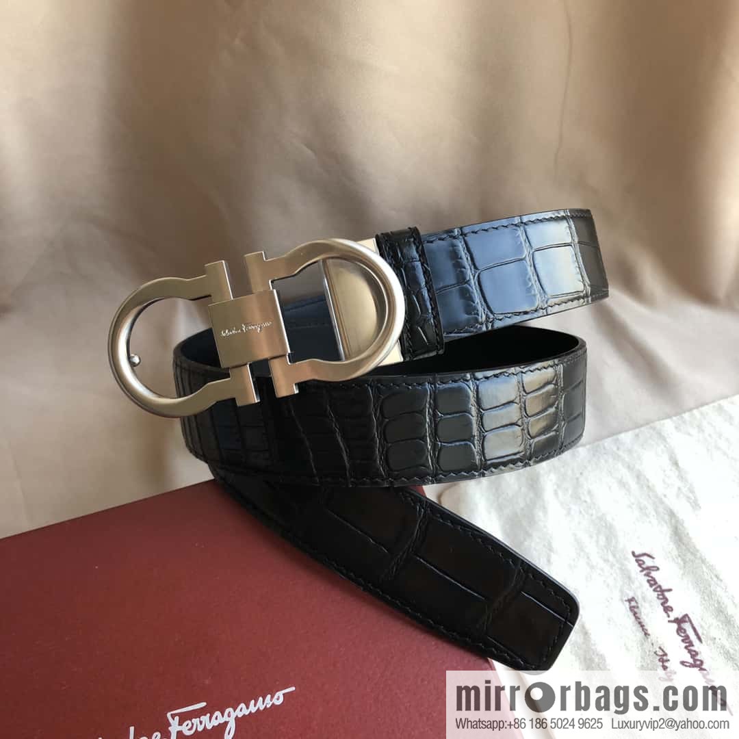 Ferragamo Ferragamo, Double Circle Metal Clip Crocodile Textured Belt