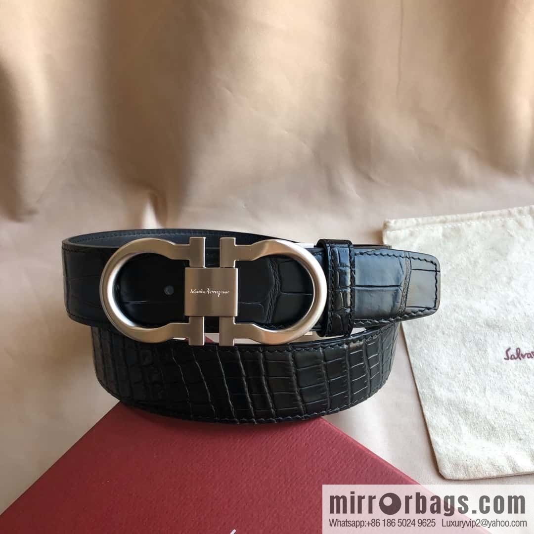 Ferragamo Ferragamo, Double Circle Metal Clip Crocodile Textured Belt