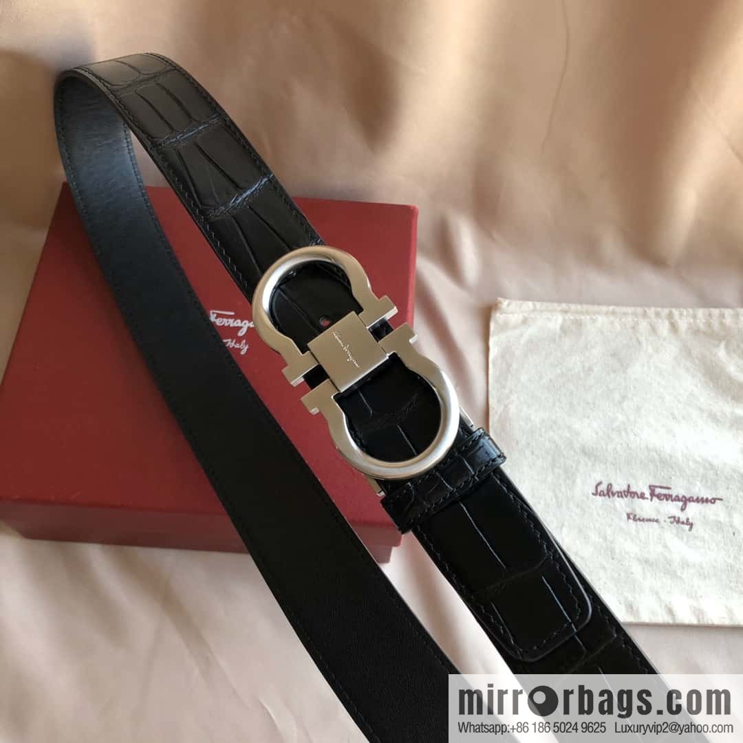Ferragamo Ferragamo, Double Circle Metal Clip Crocodile Textured Belt