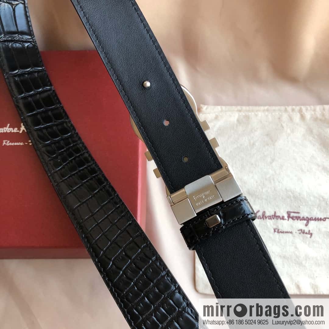 Ferragamo Ferragamo, Double Circle Metal Clip Crocodile Textured Belt