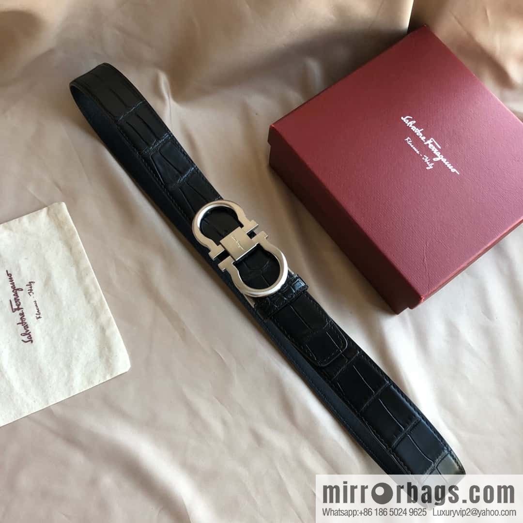 Ferragamo Ferragamo, Double Circle Metal Clip Crocodile Textured Belt