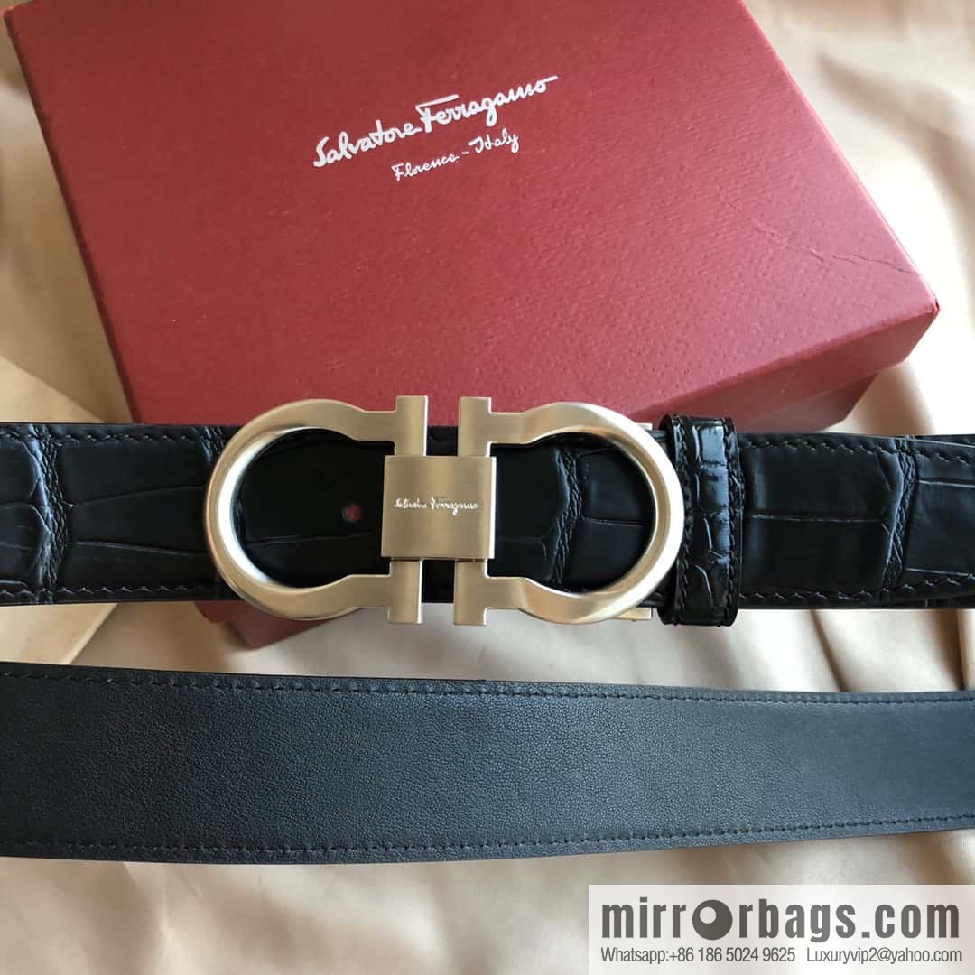Ferragamo Ferragamo, Double Circle Metal Clip Crocodile Textured Belt