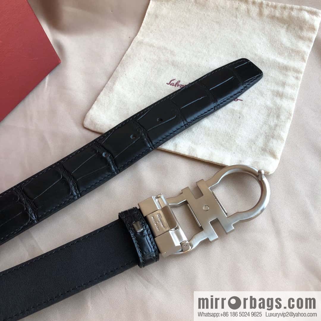 Ferragamo Ferragamo, Double Circle Metal Clip Crocodile Textured Belt