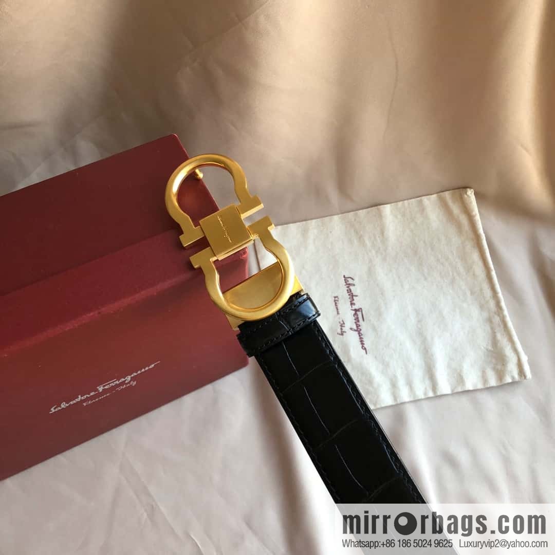Ferragamo Ferragamo, Double Circle Metal Clip Crocodile Textured Belt