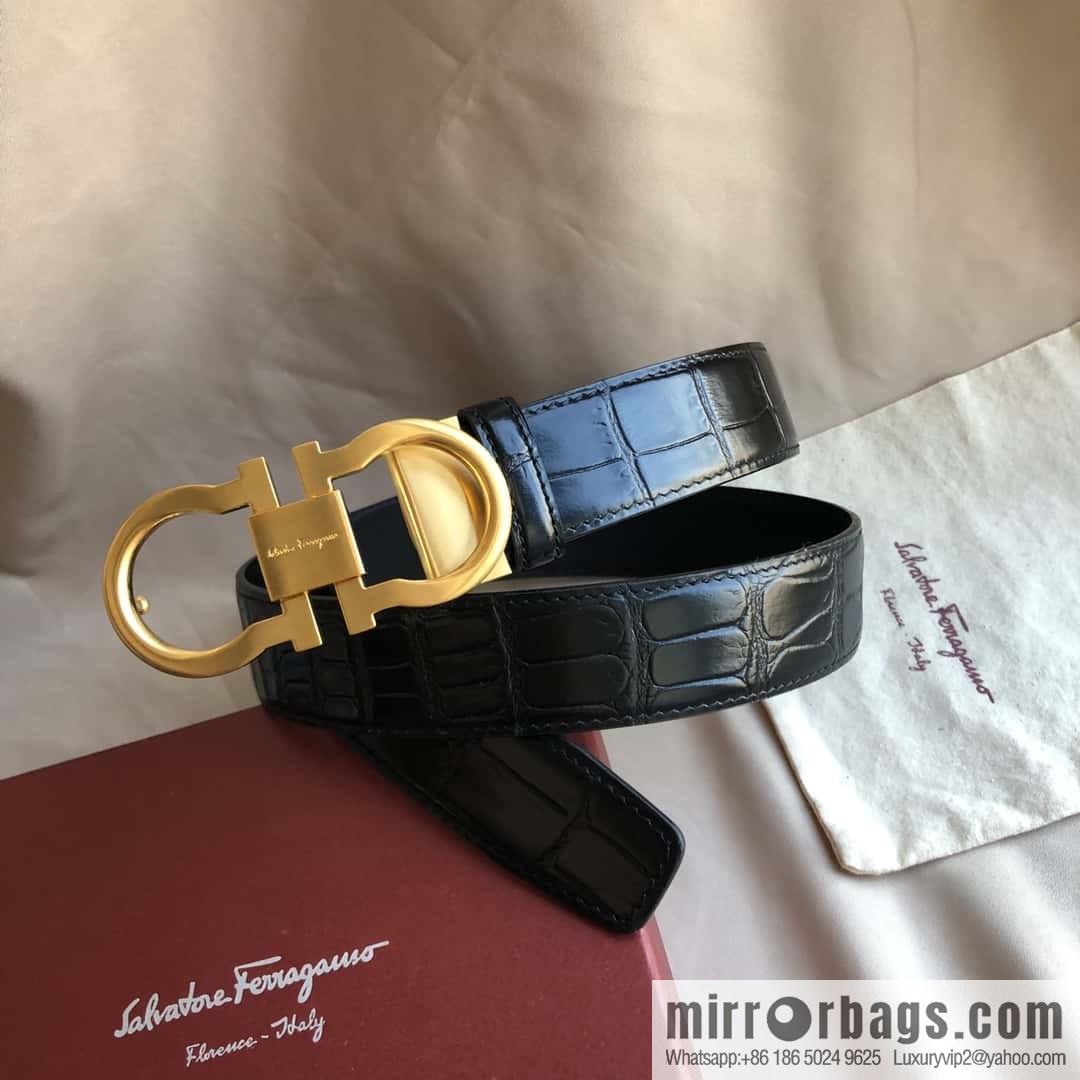 Ferragamo Ferragamo, Double Circle Metal Clip Crocodile Textured Belt