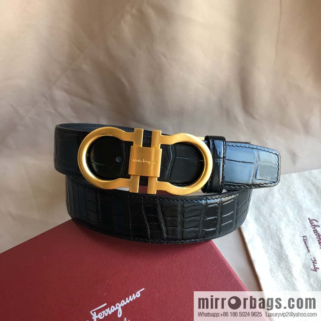 Ferragamo Ferragamo, Double Circle Metal Clip Crocodile Textured Belt