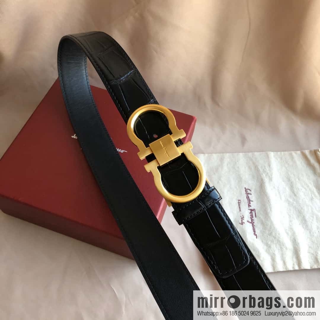 Ferragamo Ferragamo, Double Circle Metal Clip Crocodile Textured Belt