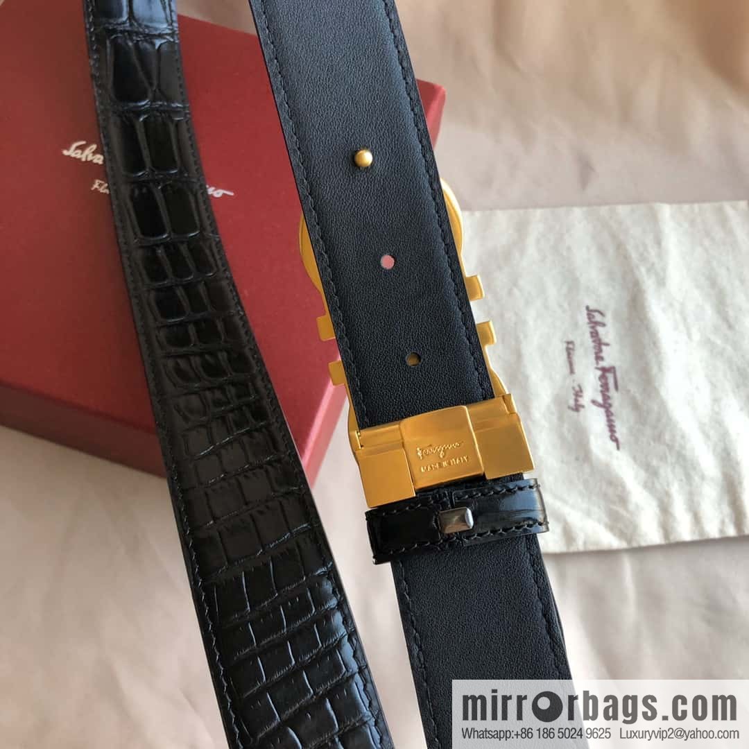Ferragamo Ferragamo, Double Circle Metal Clip Crocodile Textured Belt