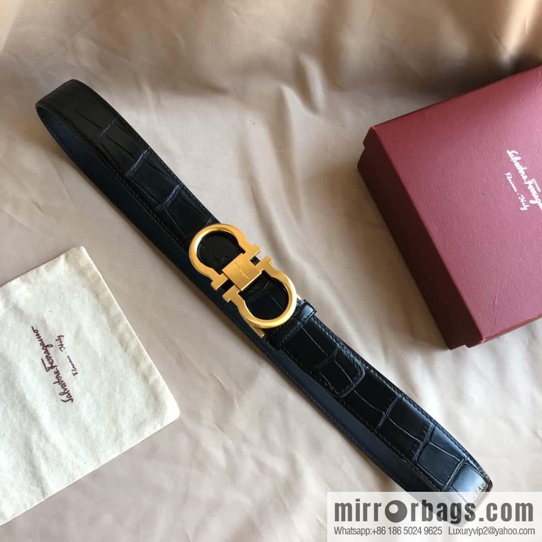 Ferragamo Ferragamo, Double Circle Metal Clip Crocodile Textured Belt