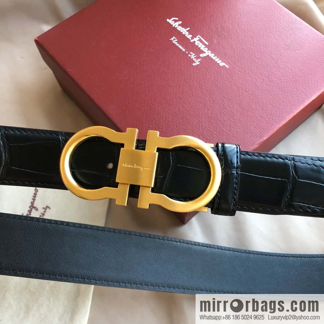 Ferragamo Ferragamo, Double Circle Metal Clip Crocodile Textured Belt