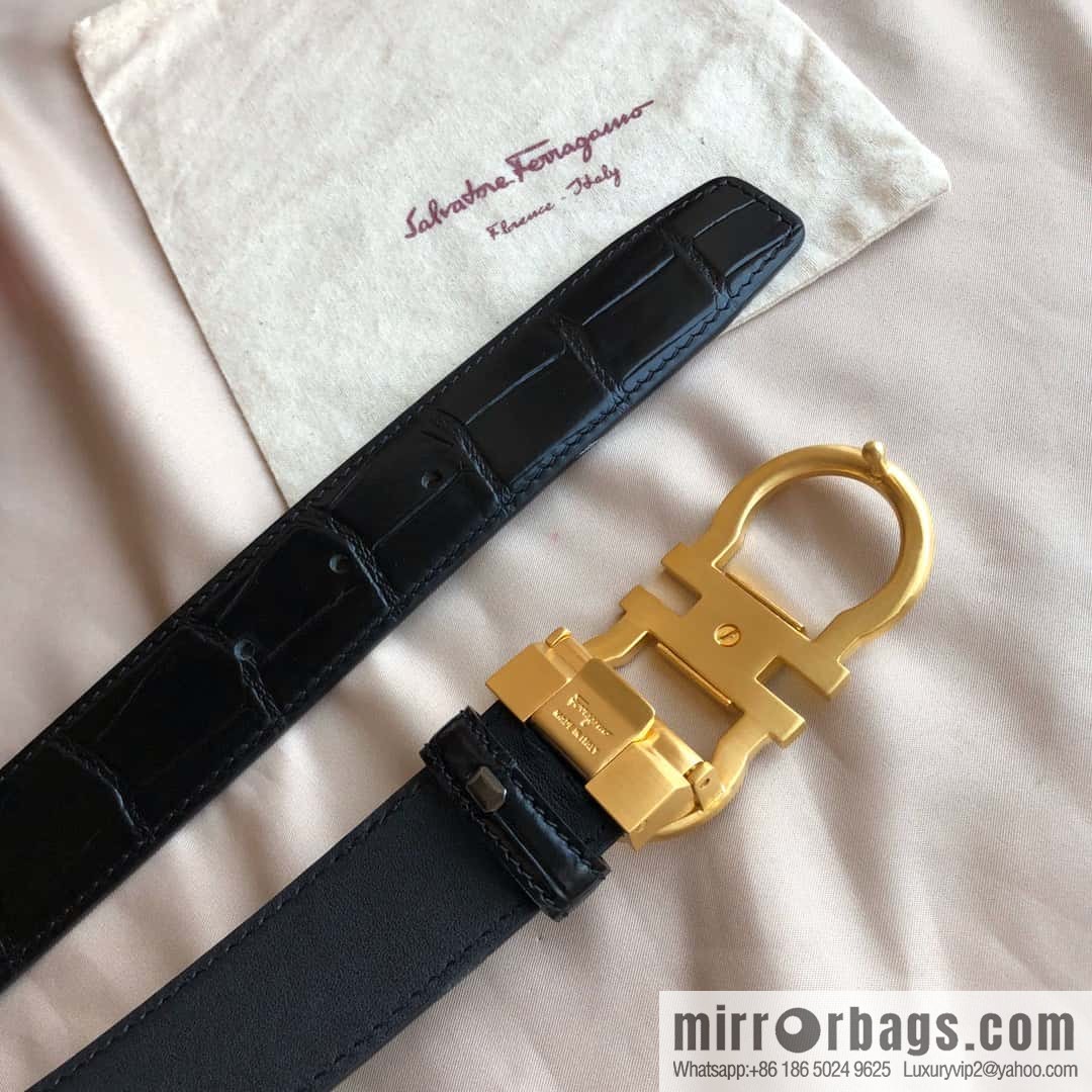 Ferragamo Ferragamo, Double Circle Metal Clip Crocodile Textured Belt