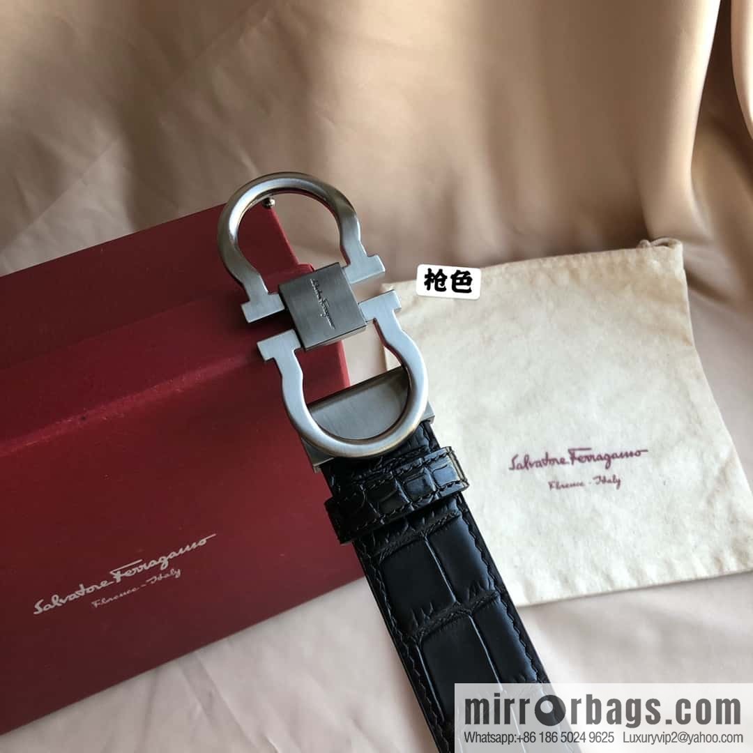 Ferragamo Ferragamo, Double Circle Metal Clip Crocodile Textured Belt