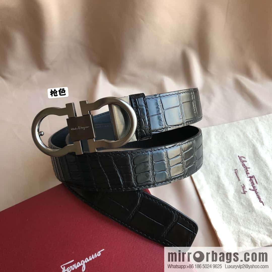 Ferragamo Ferragamo, Double Circle Metal Clip Crocodile Textured Belt