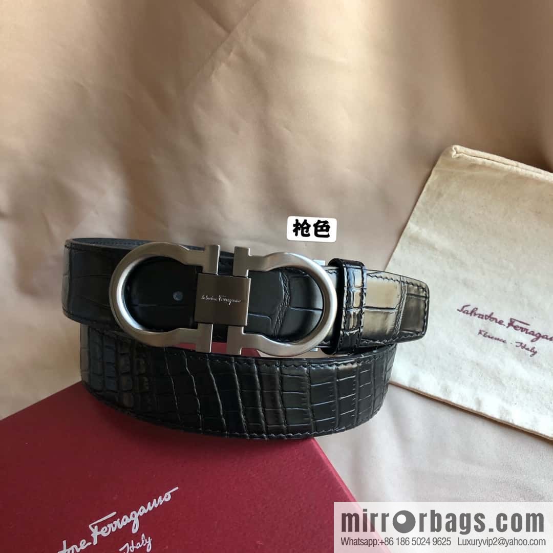 Ferragamo Ferragamo, Double Circle Metal Clip Crocodile Textured Belt